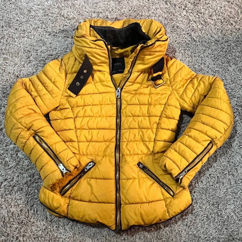 Zara Basic Puffer Jacket Coat Mustard Yellow Faux… - image 2